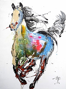 Long Shan, Cheval au galop fond blanc - Peintures