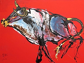 Long Shan, Le taureau fougueux fond rouge - Peintures