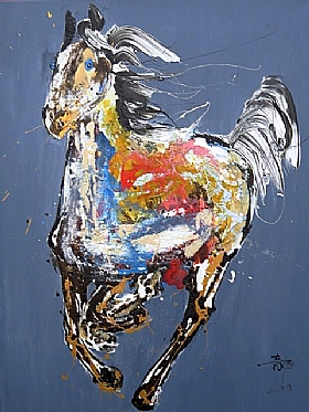 Long Shan, Cheval au galop fond bleu gris - Peintures